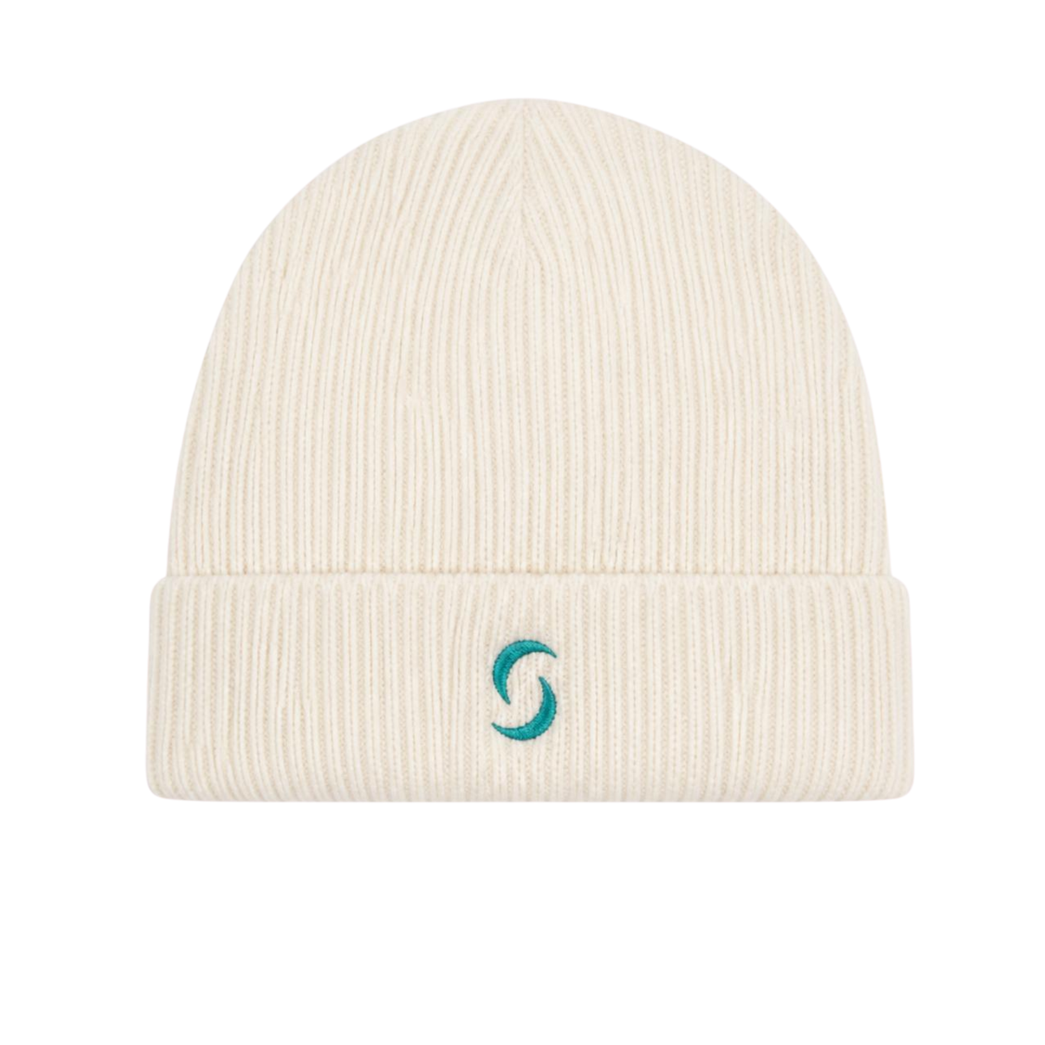 A branded saltie beanie against a white background. The main colour is beige and the 