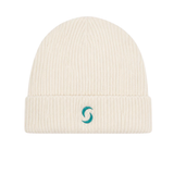 A branded saltie beanie against a white background. The main colour is beige and the "s" saltie logo is teal.