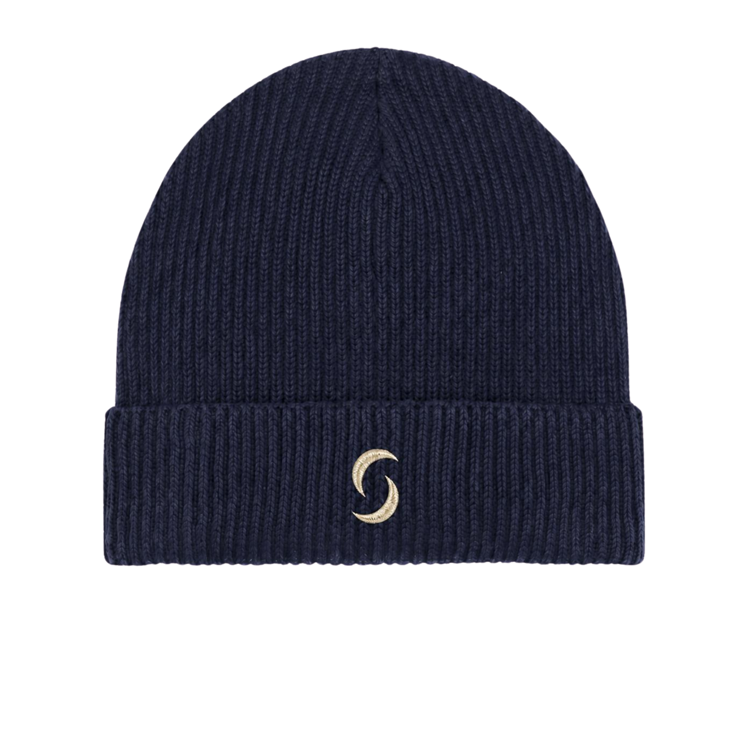 A branded saltie beanie against a white background. The main colour deep navy blue. The 