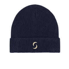 A branded saltie beanie against a white background. The main colour deep navy blue. The "s" saltie logo in a beige.