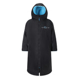 A branded saltie hoodie with the hood up against a white background. The main colour of this robe is black whilst the inner lining of the robe is a cyan colour. the zipper is a cyan colour and some parts of the logo is too. The logo reads "saltie robes".