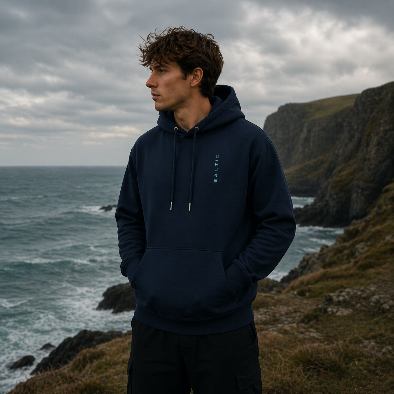A man wearing a navy blue hoodie along the coast. the small logo reads 
