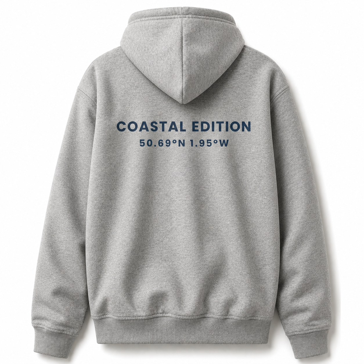 A grey hoodie against a white background with 