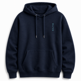 A navy blue hoodie against a white background with the "saltie" on the front in a teal colour.