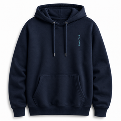 A navy blue hoodie against a white background with the "saltie" on the front in a teal colour.