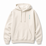 A beige hoodie against a white background with the "saltie" in a teal colour.