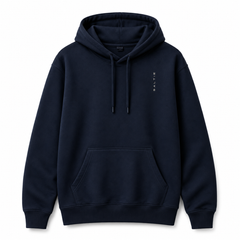 navy hoodie against a white background with the "saltie" logo on it