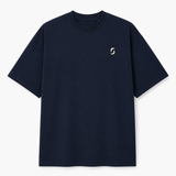 A navy blue shirt against a white background. With the "saltie" logo on it.