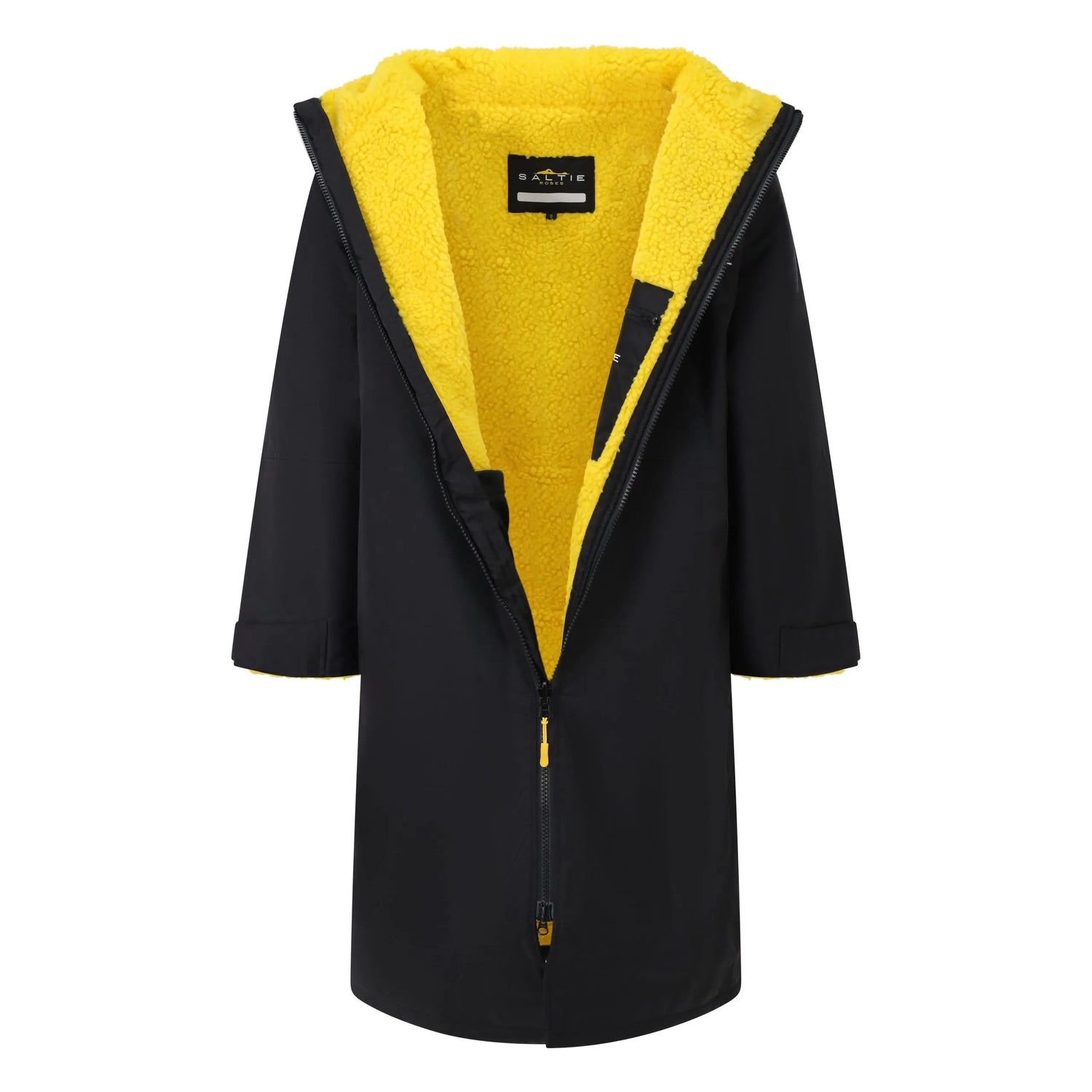 SALTIE Changing Robe in yellow, weather resistant, perfect for changing on the beach and made using 100% recycled materials. The SALTIE changing robe is designed keep you warm and dry during your sea swim, beach walks and all of your outdoor adventures.