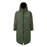 A branded saltie changing robe featuring a dark colour with a inner lining black. With some parts being yellow this includes the zip and some of the logo. The logo reads "saltie robes". The saltie changing robe is against a white background.