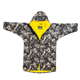 SALTIE Changing Robe in camo yellow, weather resistant, perfect for changing on the beach and made using 100% recycled materials. The SALTIE changing robe is designed keep you warm and dry during your sea swim, beach walks and all of your outdoor adventures.