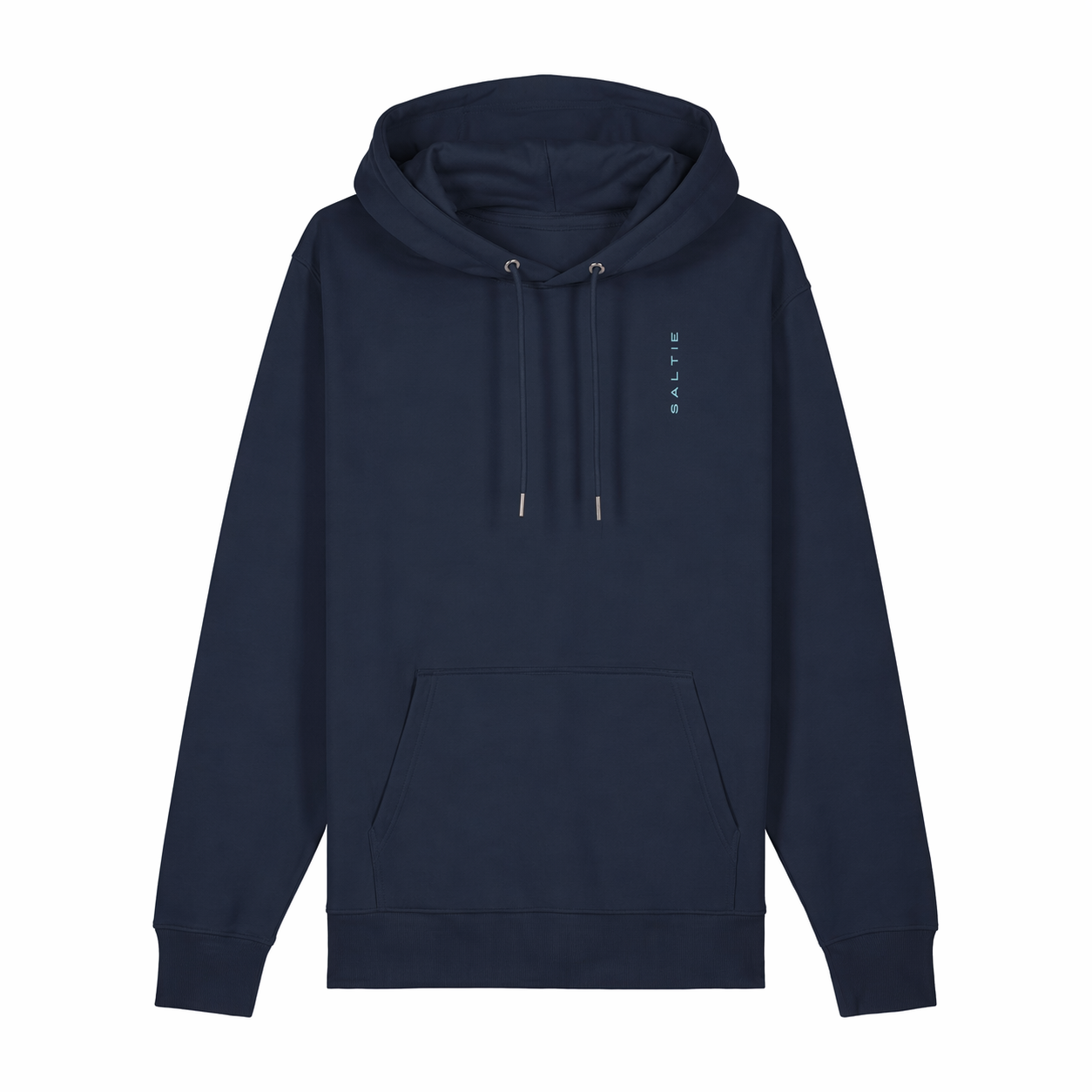 A navy blue hoodie against a white background with the small logo that reads 