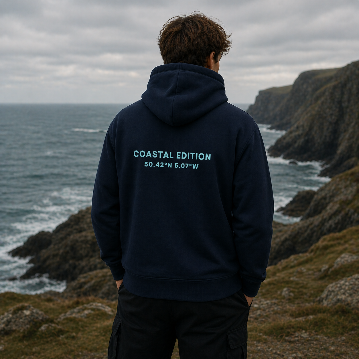 A man wearing a navy blue hoodie along the coast. the logo reads 