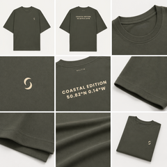 Collage of a green t-shirt with branding and text on a white background