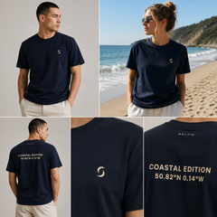 Navy blue t-shirt with branding and coastal edition text worn by a person on a beach.