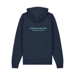 Navy blue hoodie with 'Coastal Edition' text on the back against a white background