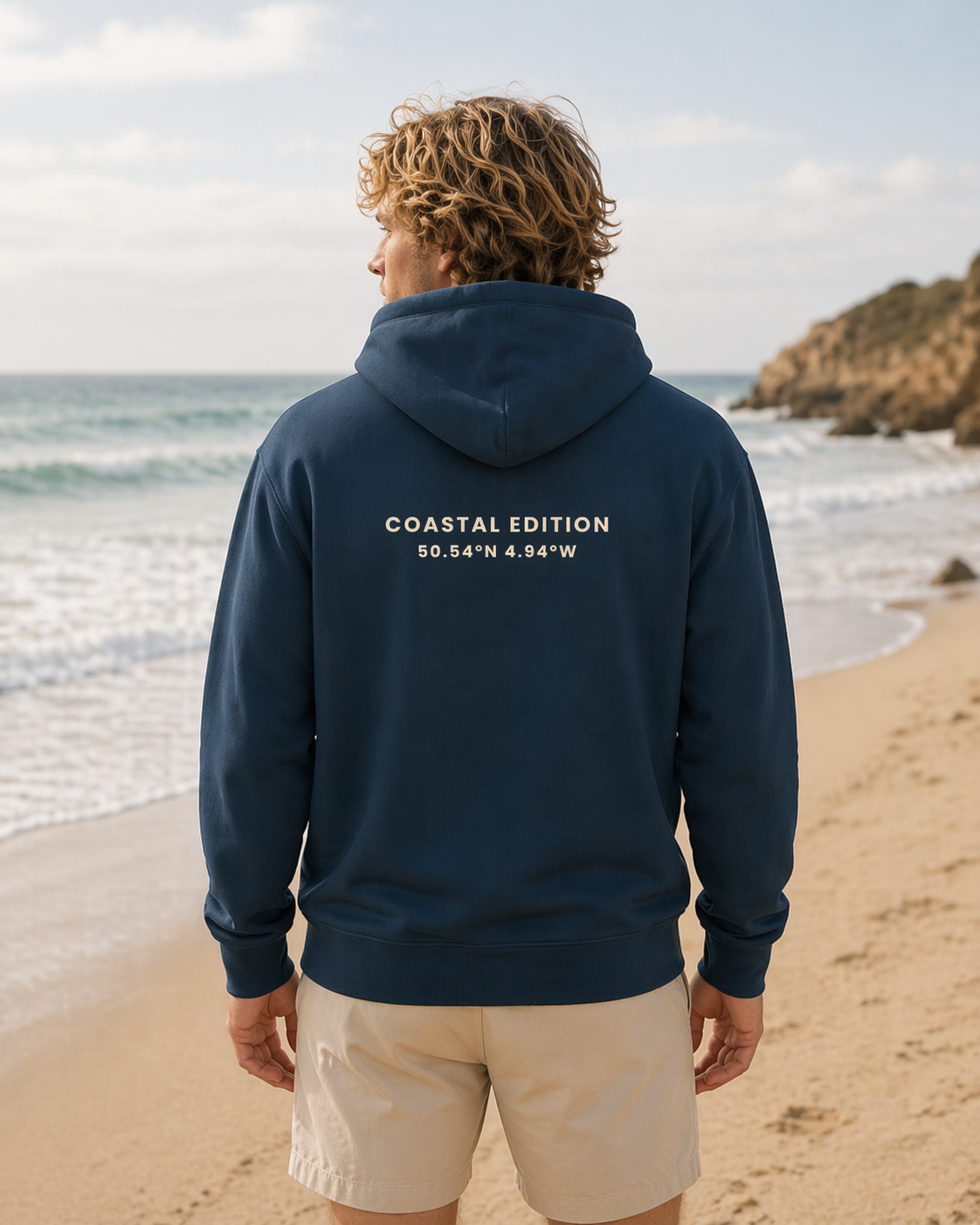 Person wearing a navy hoodie with 'Coastal Edition' text on the beach