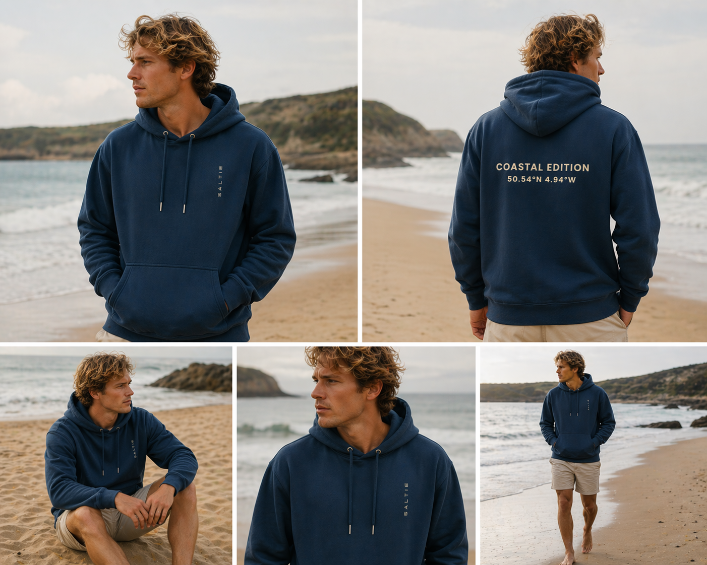 A collage of a man walking on a beach wearing a navy blue hoodie with the text 