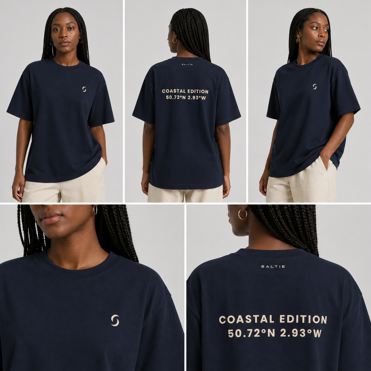 Navy blue t-shirt with branding and coordinates on a gray background