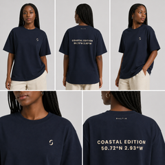 Navy blue t-shirt with branding and coordinates on a gray background