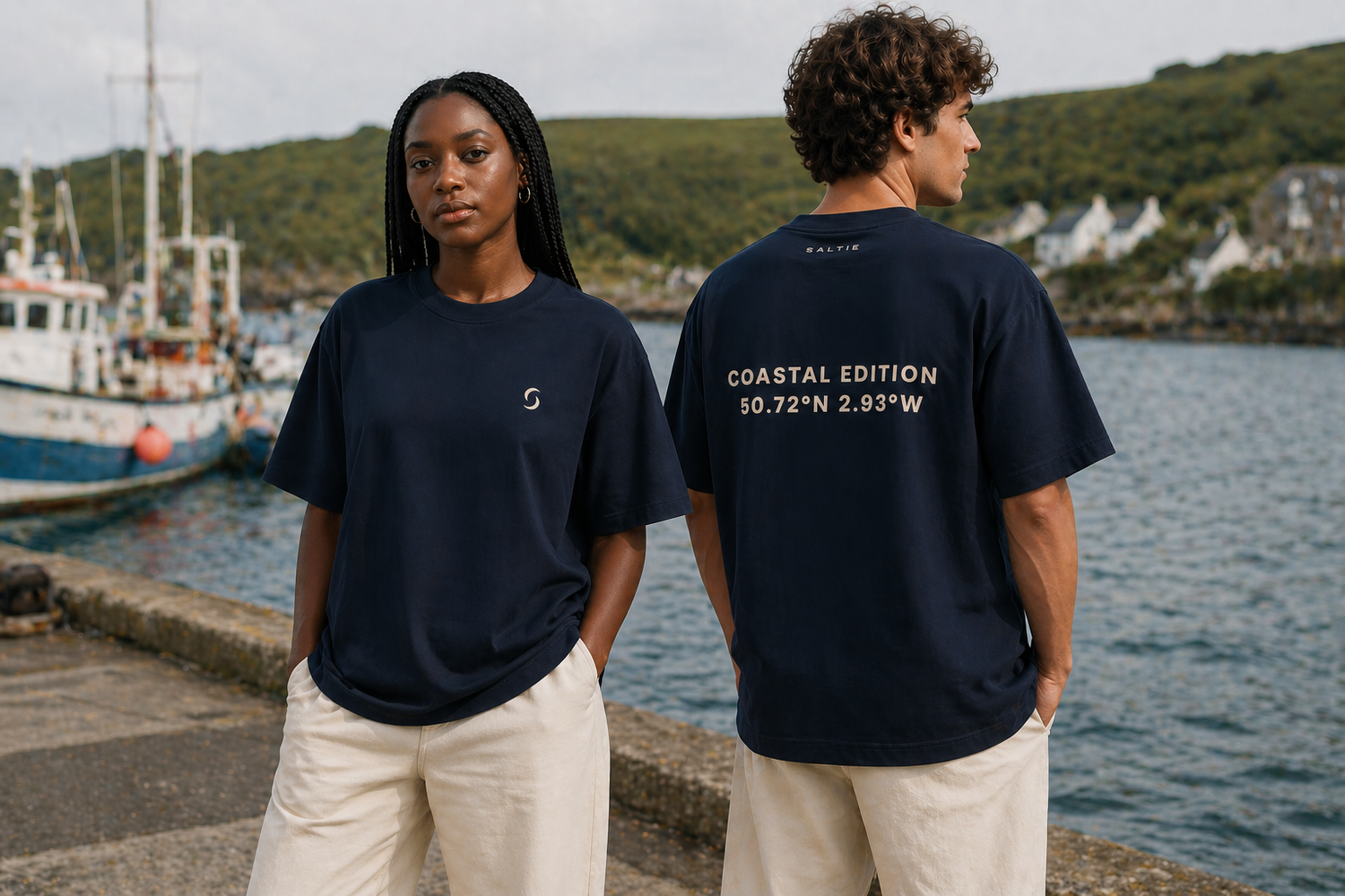 Two people wearing navy blue t-shirts with coastal design and coordinates, standing by a waterfront.
