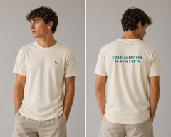 Man wearing a beige t-shirt with a logo on the front and text on the back, standing against a plain background.