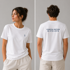 Two people wearing white t-shirts with a logo on the front and text on the back, standing against a gray background.