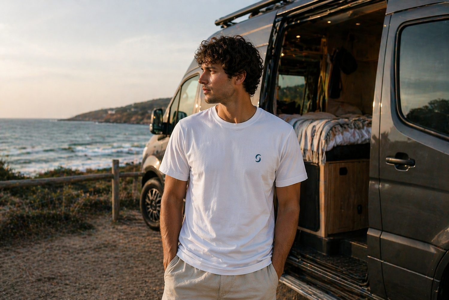 Man standing next to a camper van by the ocean during sunset.